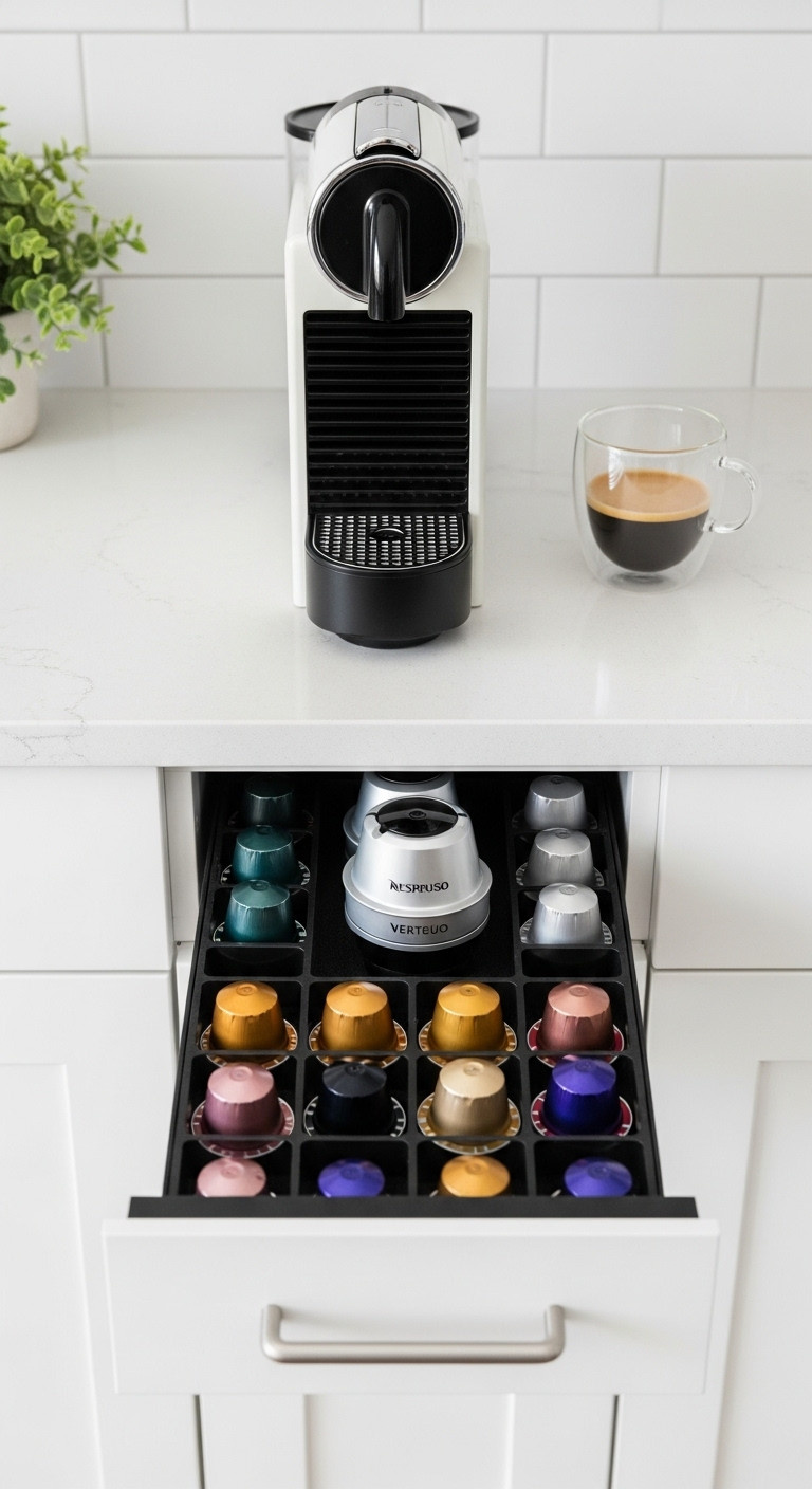 Sleek Nespresso capsule drawer under a machine neatly organizing colorful Vertuo pods on a white quartz countertop with a glass mug