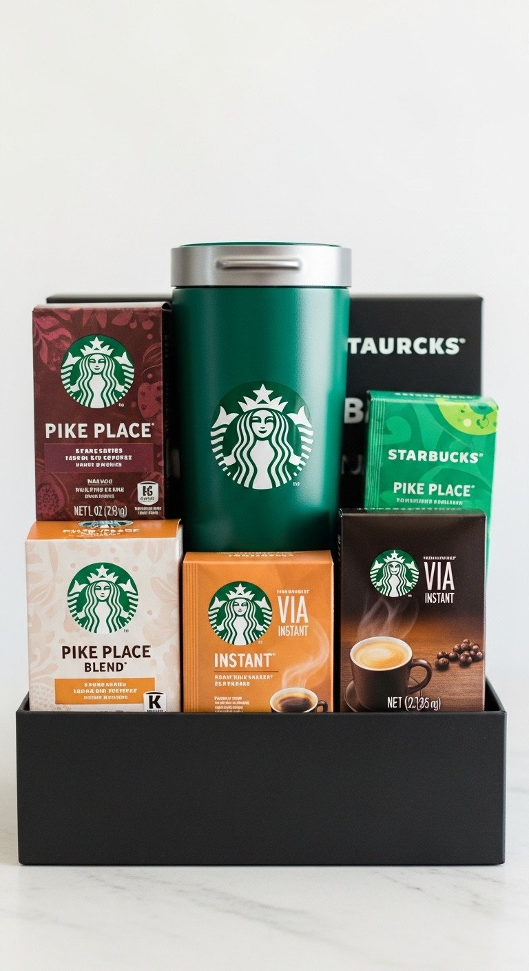 Sleek black gift box with Starbucks K-cups reusable tumbler and VIA Instant packets with green logo accent