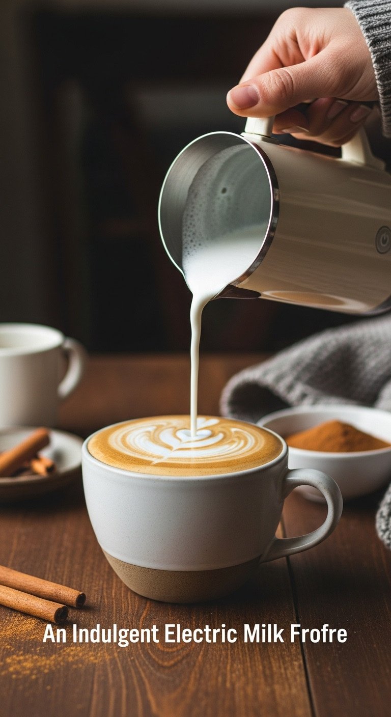 Sleek cream-colored electric milk frother pouring velvety microfoam onto a latte in a ceramic mug on a dark wood tabletop
