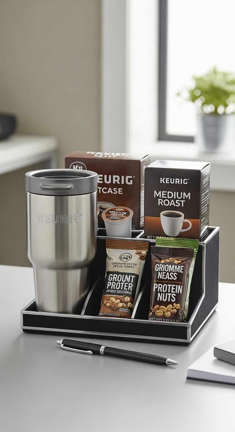 Sleek desk organizer with insulated travel mug medium roast K-cups gourmet nuts and protein bars in an office setting