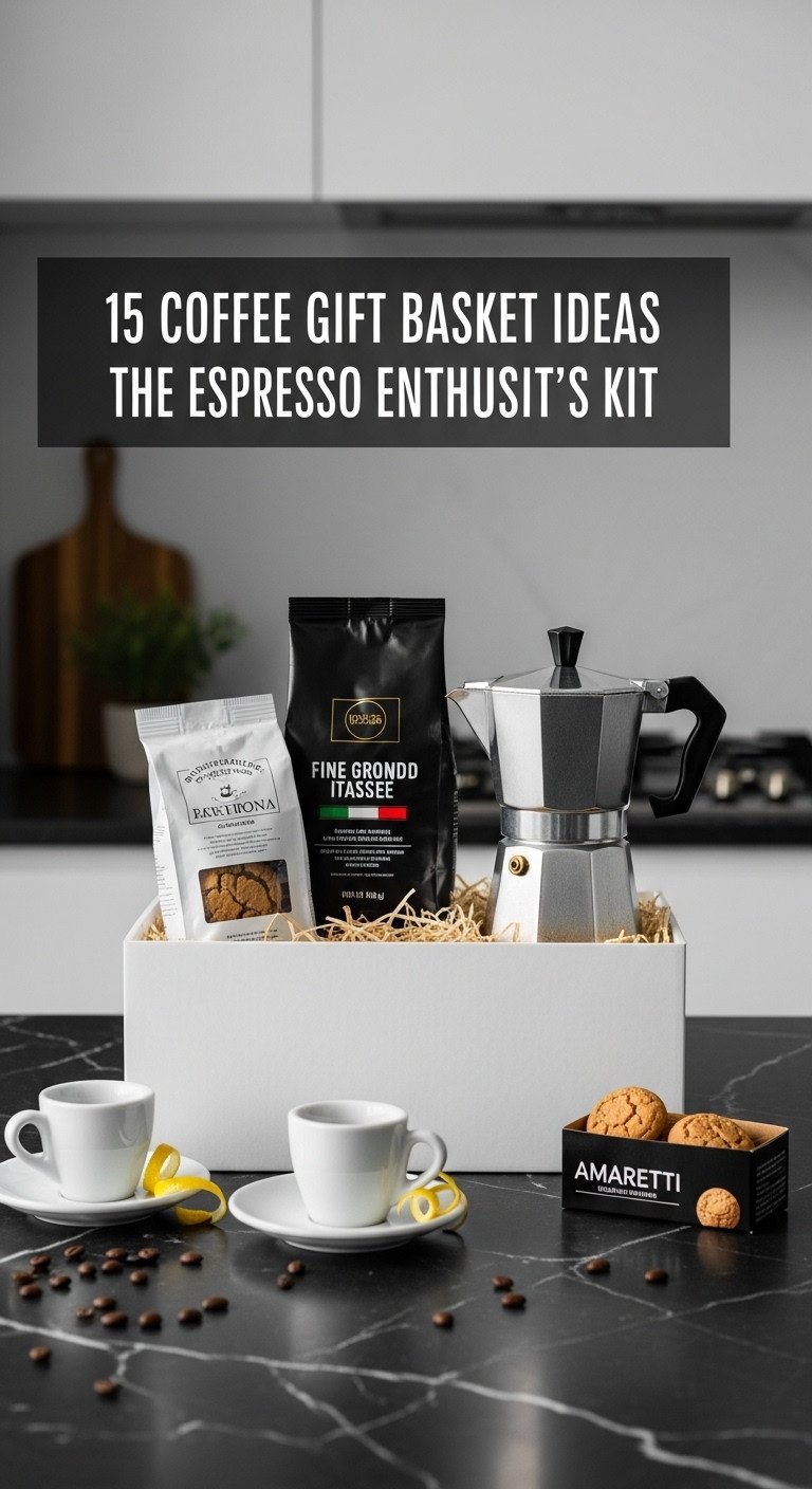 Sleek gift box with Moka pot, Italian espresso, demitasse cups, and amaretti cookies on black marble countertop
