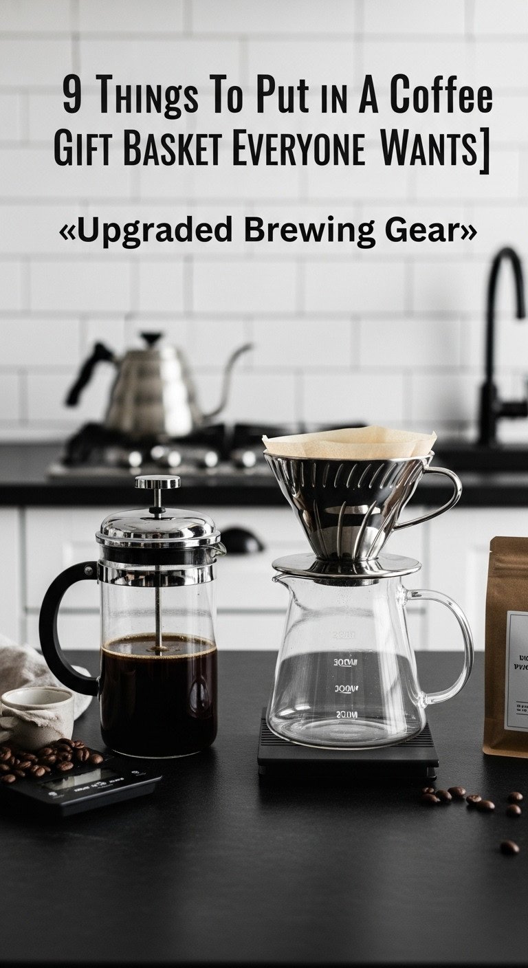 Sleek glass French press, ceramic pour-over dripper, gooseneck kettle, coffee beans, and digital scale on dark slate