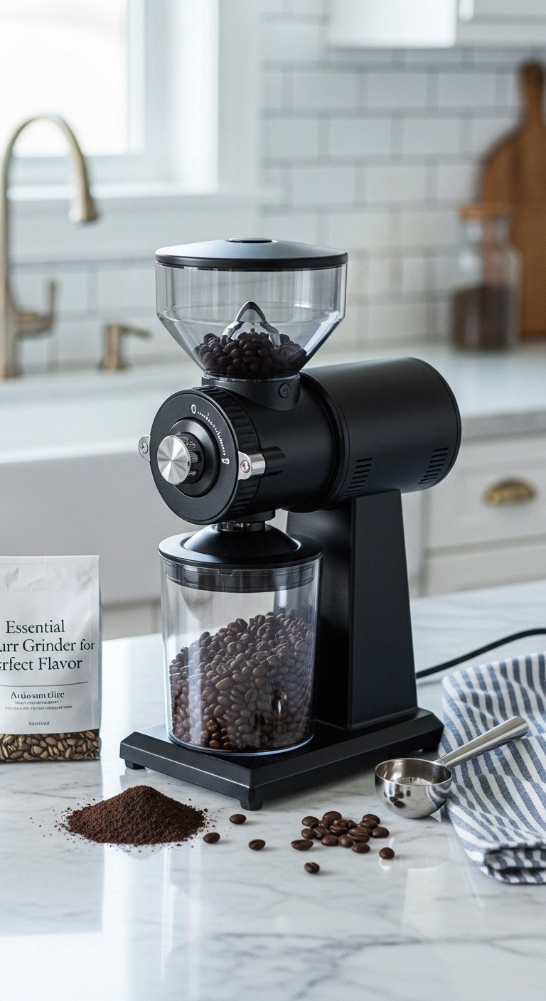 Sleek matte black electric conical burr coffee grinder actively grinding whole coffee beans on a marble countertop in a blurred kitchen