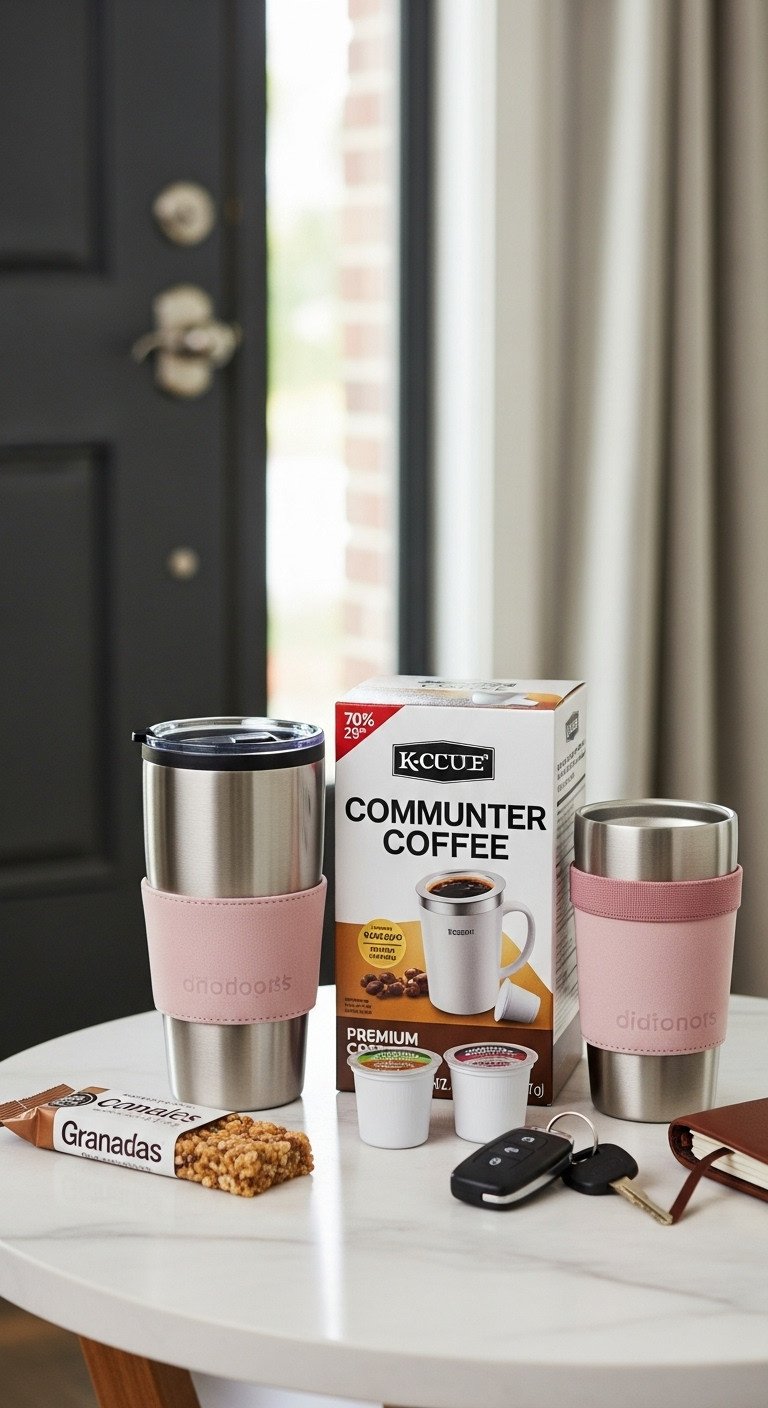 Sleek on-the-go commuter coffee kit with travel mug pods and reusable sleeve on an entryway table