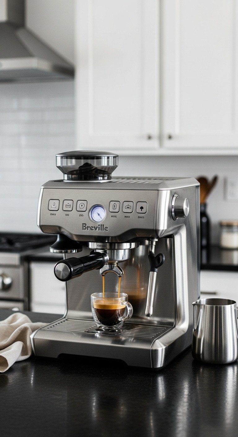 Sleek stainless steel Breville espresso machine with a perfect shot of rich crema pouring into a small glass cup on a dark granite countertop