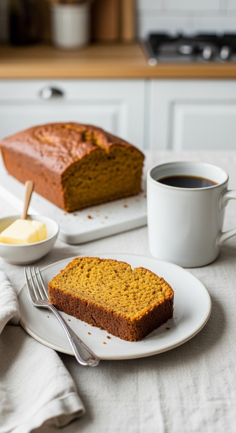 13 Cozy Pumpkin Coffee Aesthetic Ideas for Fall Vibes 15 Slice of pumpkin bread on plate next to coffee mug with fork linen napkin and butter on a linen tablecloth