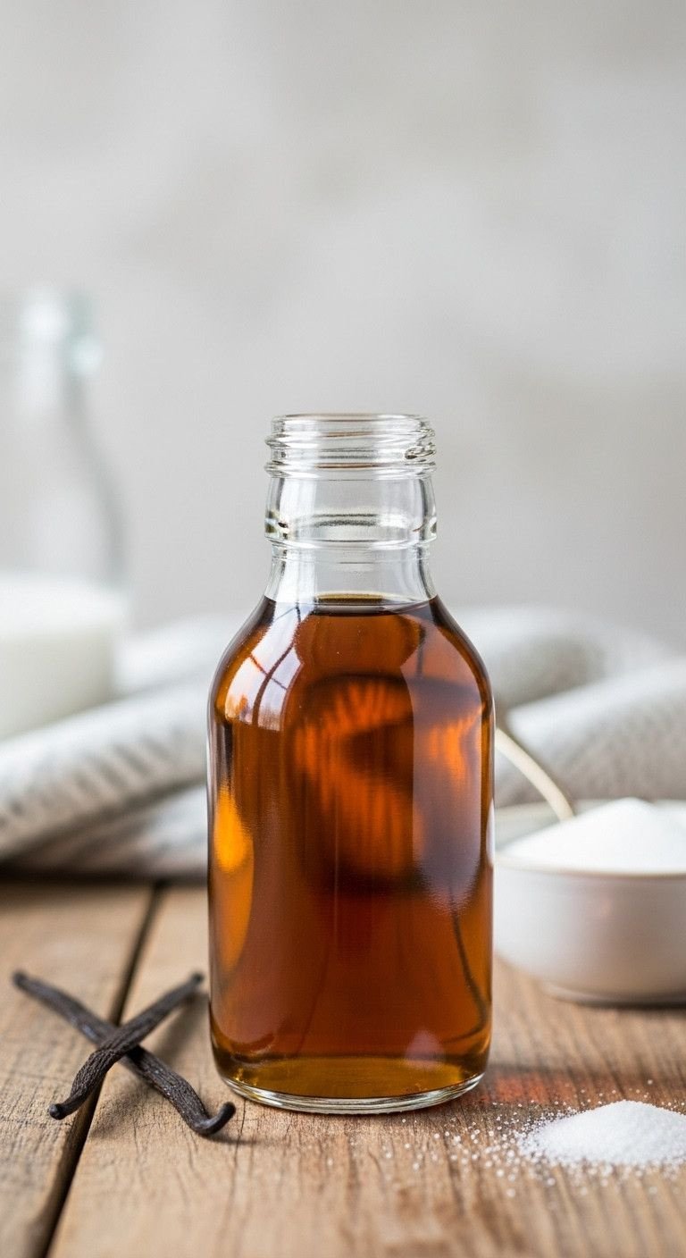 Small glass bottle of golden-brown homemade vanilla syrup. Vanilla bean & sugar on rustic wooden table.