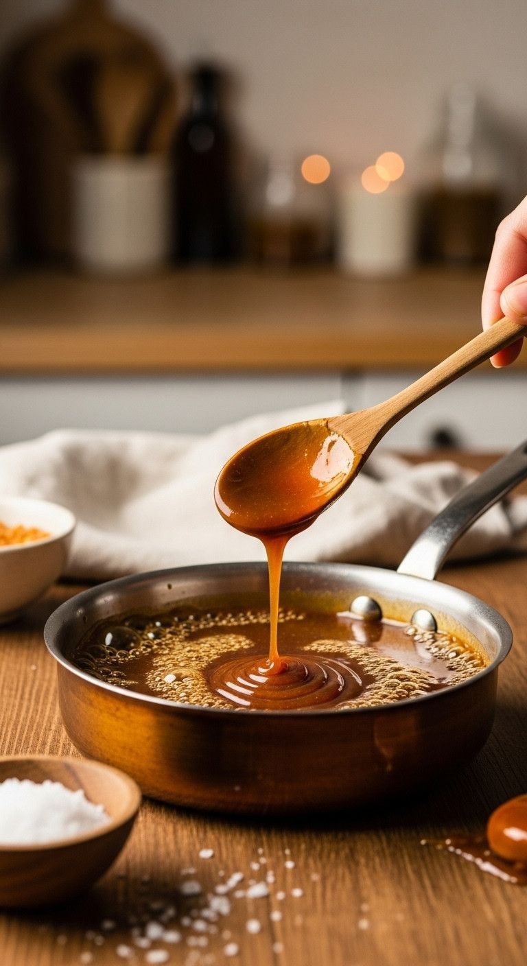 The Perfect Caramel Iced Coffee Recipe To Make At Home 5 Small saucepan with thick, bubbling amber caramel sauce. Glossy texture, wooden spoon, sea salt. Delicious dessert recipe.