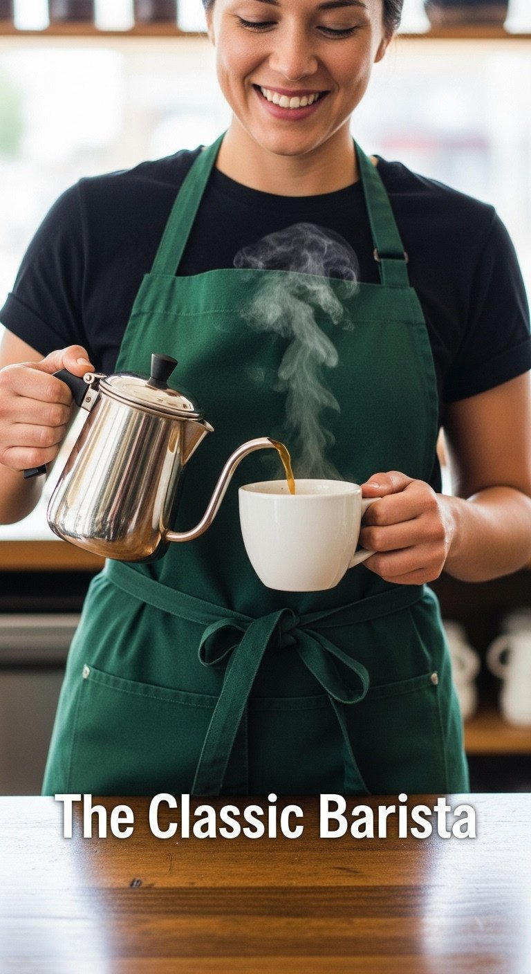 Smiling barista in green apron pouring coffee from silver pot into white mug in a blurred coffee shop background
