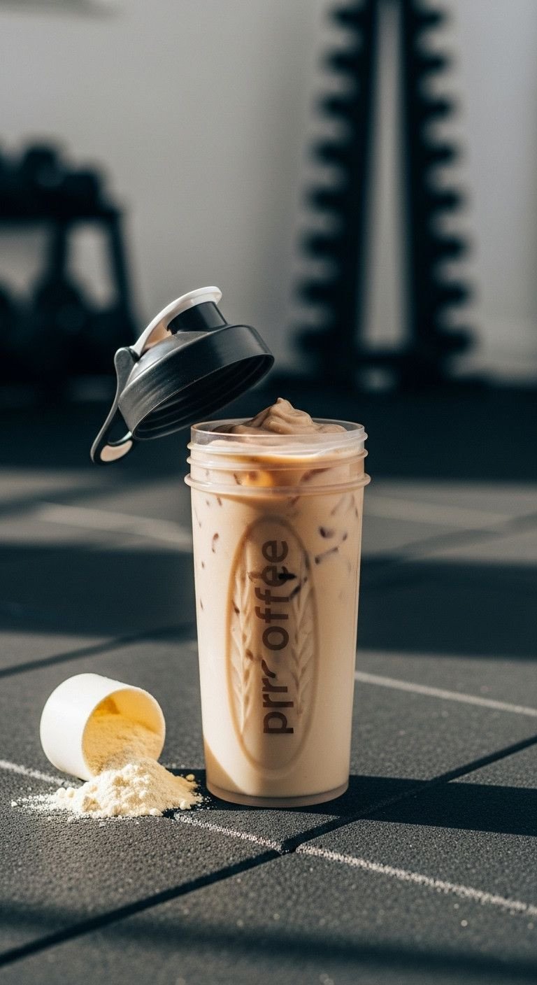 7 Brilliant Sugar Free Iced Coffee Recipes At Home 11 Smooth iced protein coffee 'proffee' in shaker bottle, vanilla protein powder on gym mat. Energizing post-workout drink.