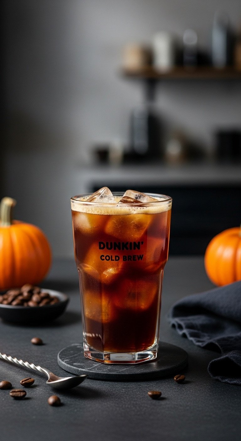 Master Your Dunkin Pumpkin Iced Coffee Custom Orders 11 Sophisticated Dunkin' Pumpkin Cold Brew, deep coffee color, ice, on dark stone, minimalist cafe, industrial accents.
