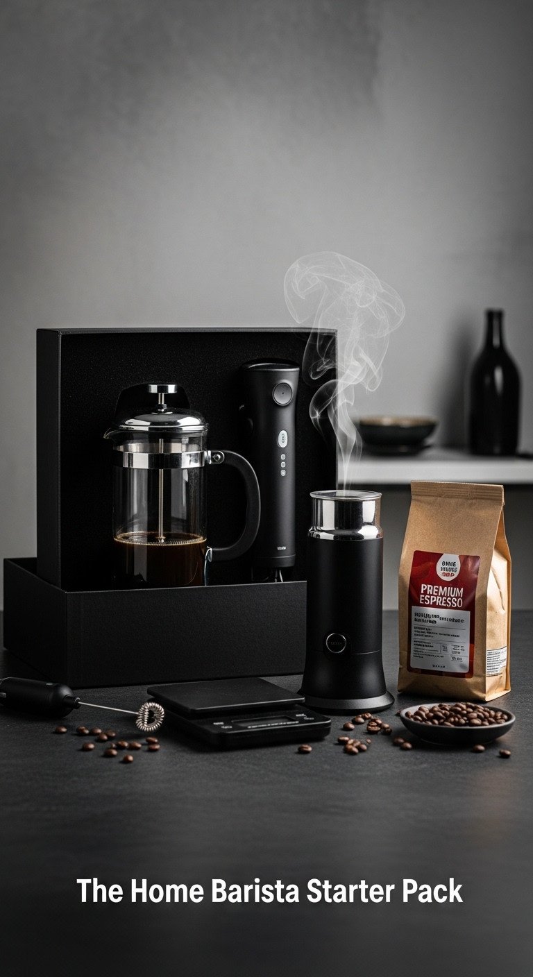 Sophisticated black gift box with French press, milk frother, coffee scale, and espresso beans on dark slate