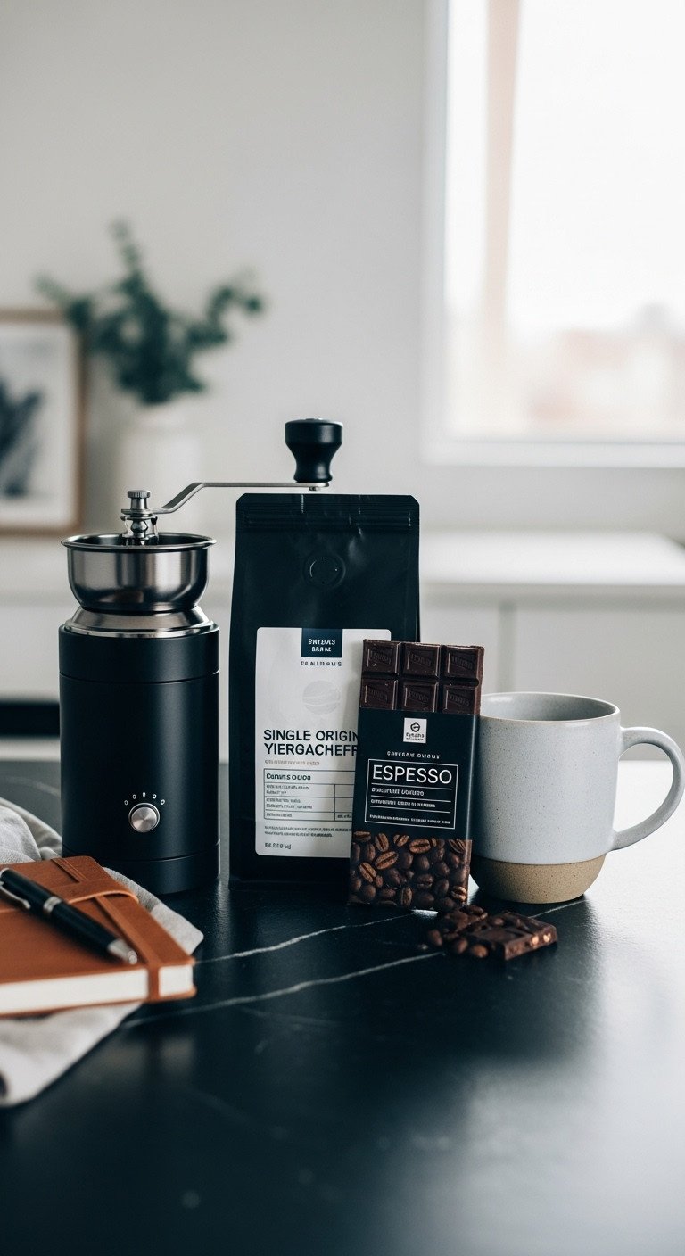 Sophisticated executive coffee gift basket for men with electric grinder Ethiopian Yirgacheffe coffee and dark chocolate on a slate countertop