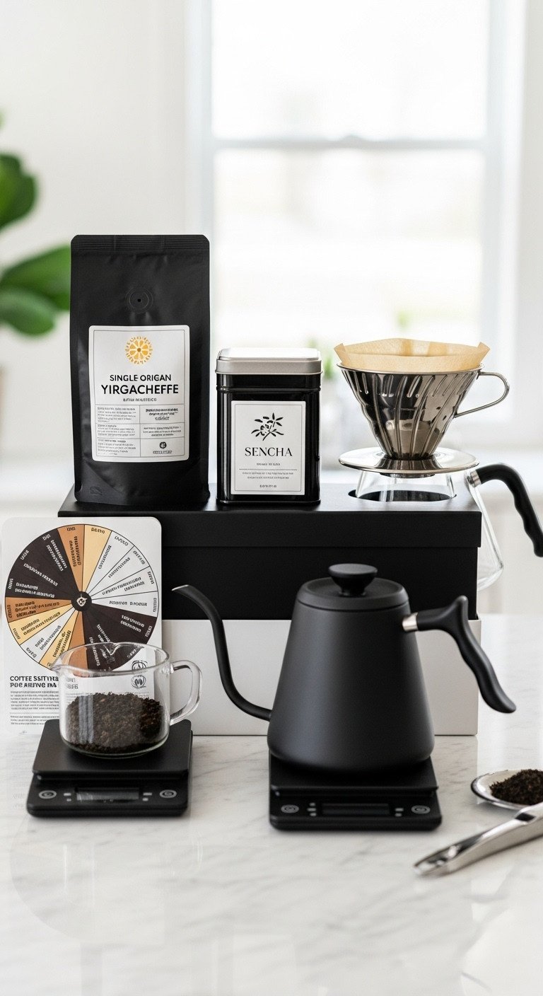 Sophisticated gift basket with single origin Ethiopian Yirgacheffe coffee artisanal Sencha green tea pour over dripper and gooseneck kettle