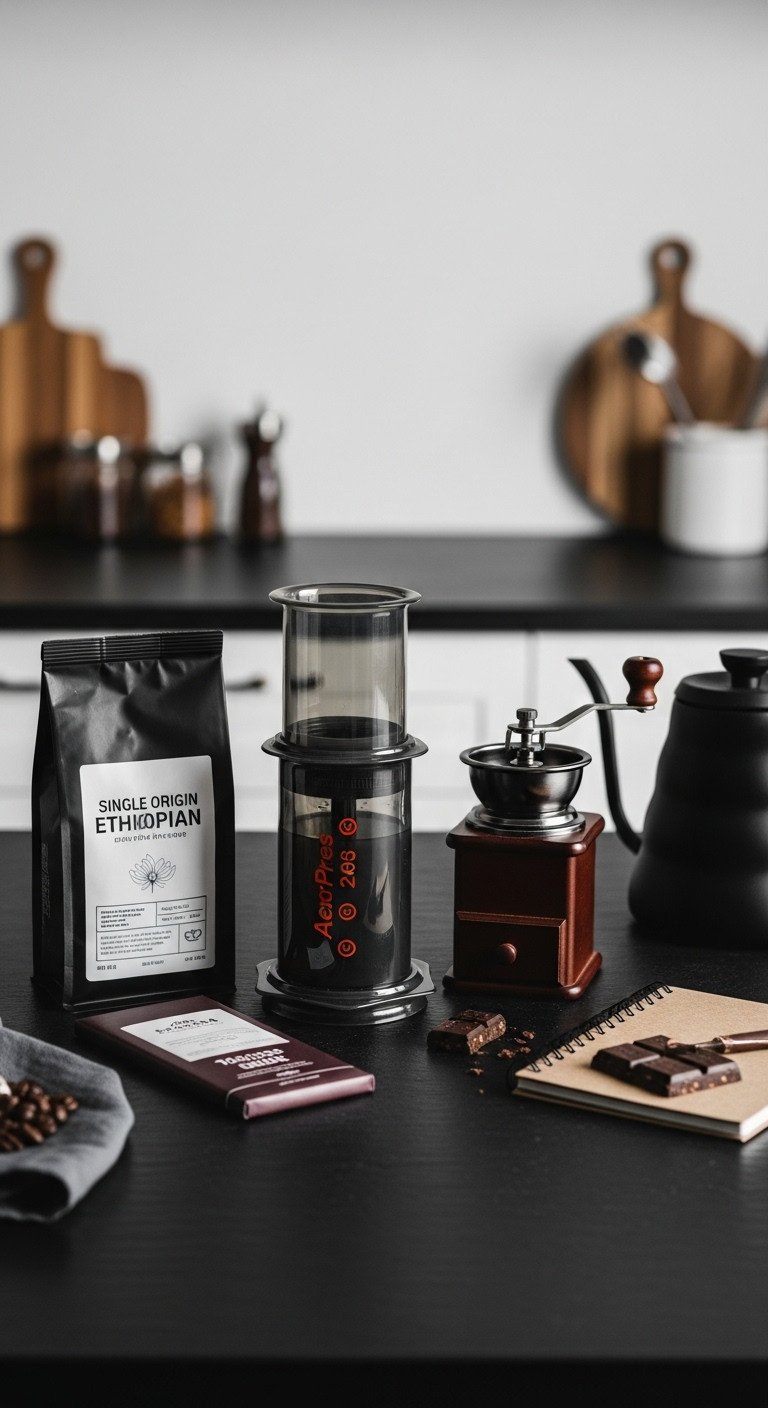 Sophisticated gourmet coffee gift basket with AeroPress Ethiopian coffee beans manual grinder and artisanal dark chocolate on slate