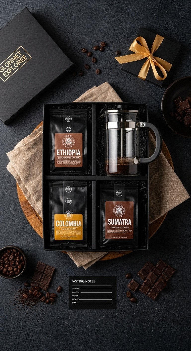 Sophisticated gourmet global explorer coffee gift box with single-origin coffees French press and dark chocolate on slate
