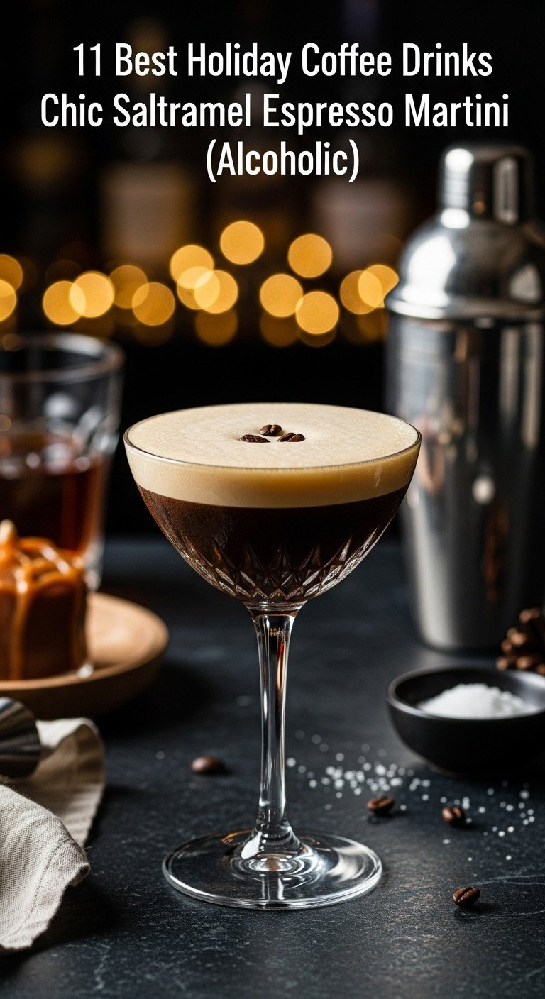Sophisticated salted caramel espresso martini in a classic glass with frothy crema and coffee beans on a dark marble bar