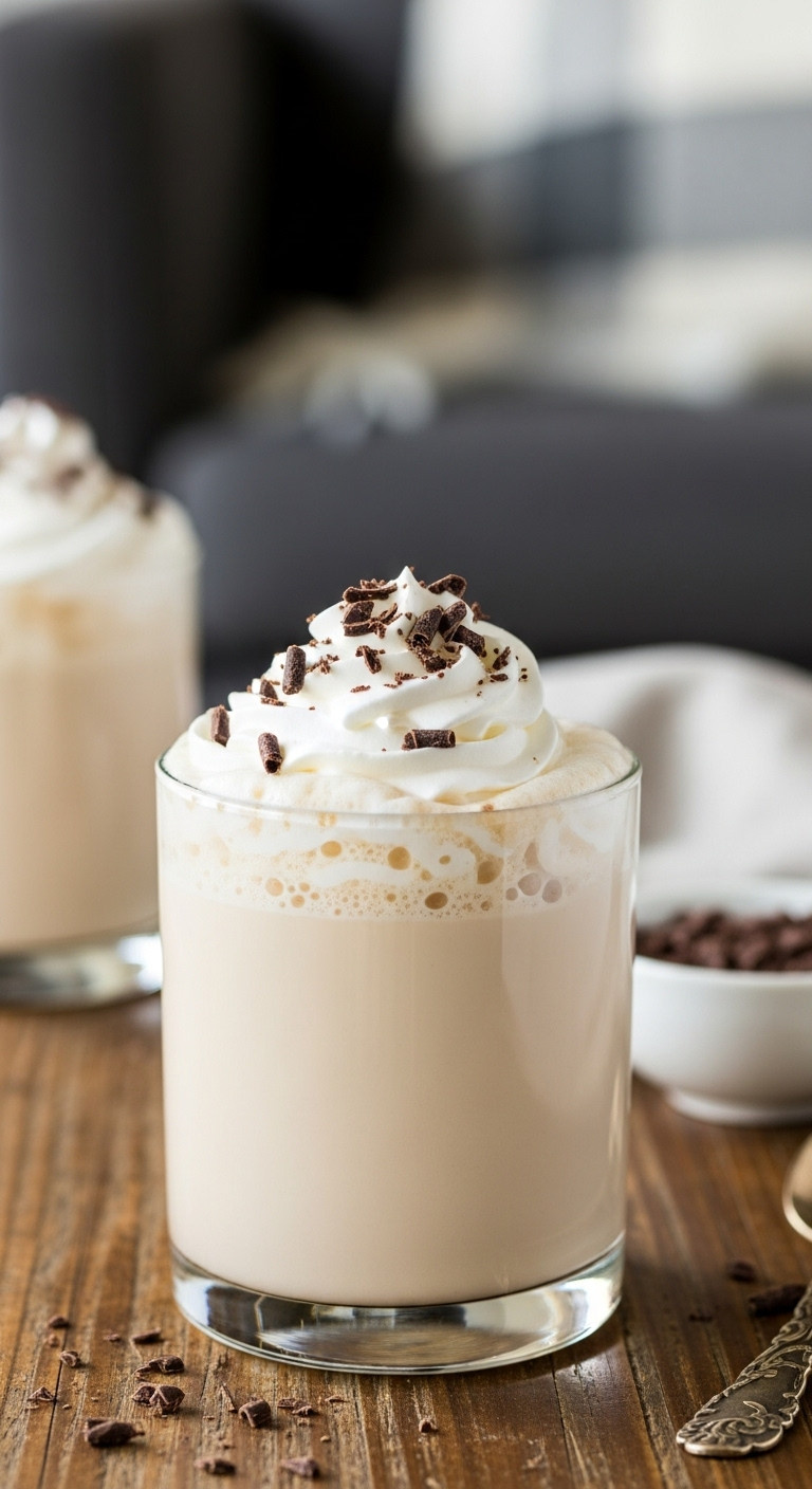 Southern coffee punch glass topped with fluffy whipped cream and chocolate shavings on a rustic wooden table