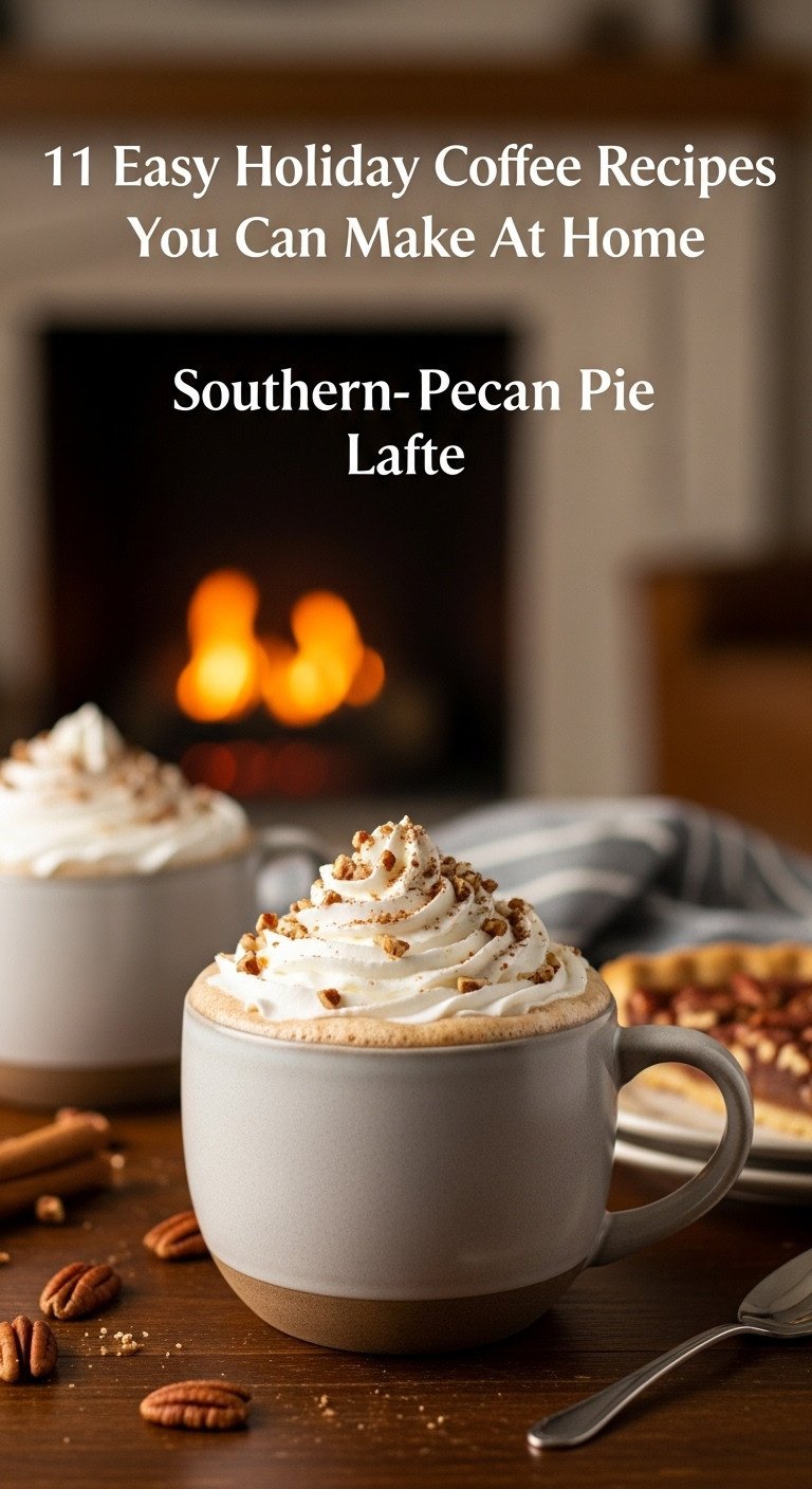 Southern-style pecan pie latte in a ceramic mug with whipped cream and chopped pecans on a dark wood table