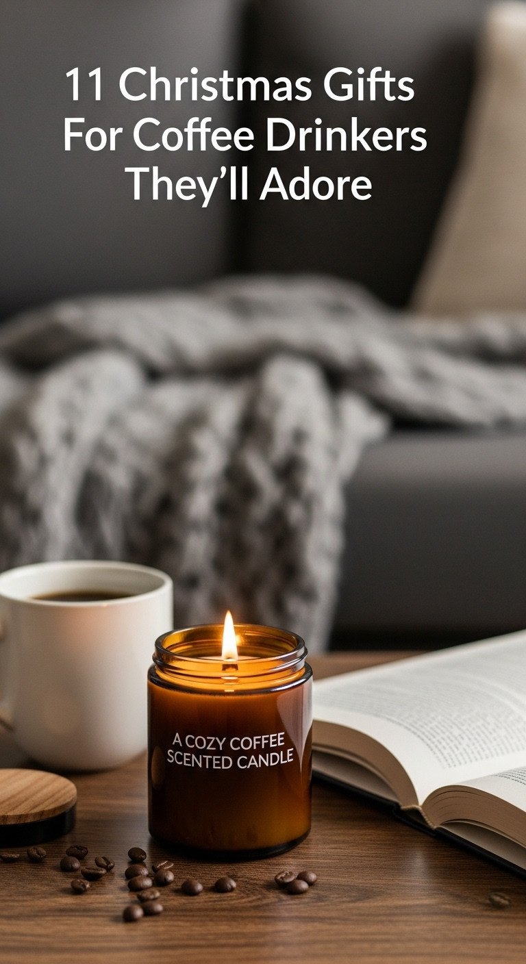 Soy wax coffee-scented candle in amber glass with a wooden wick flickering on a coffee table next to a steaming mug and open book