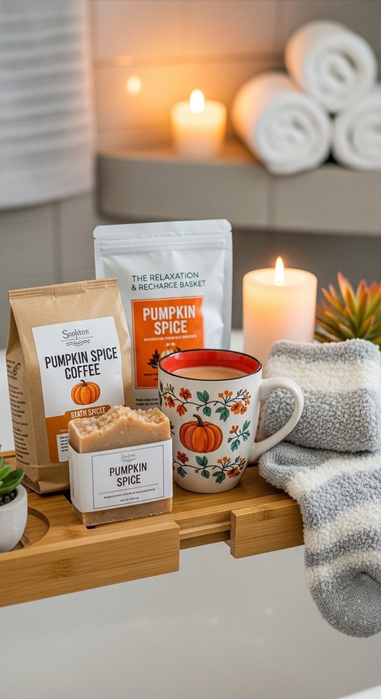 7 Cozy Pumpkin Spice Coffee Gift Basket Ideas To Delight All 7 Spa themed basket with pumpkin spice coffee festive mug pumpkin spice soap bath salts and fuzzy socks on a wooden bath tray