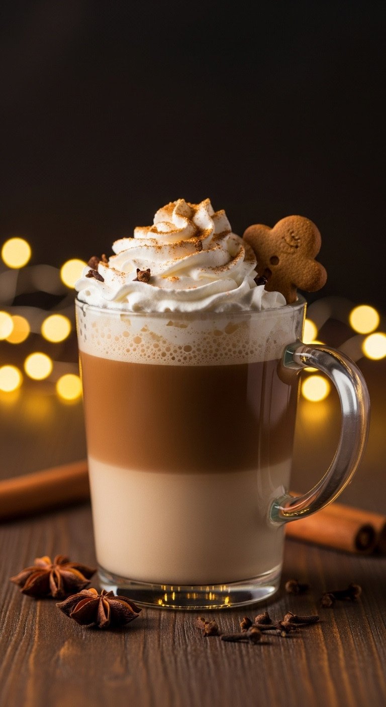 9 Cozy Pumpkin Coffee Fall Recipes Beyond Starbucks Lattes 3 Spiced Gingerbread Pumpkin Latte in clear glass mug with whipped cream gingerbread cookie star anise and cloves on dark wood surface