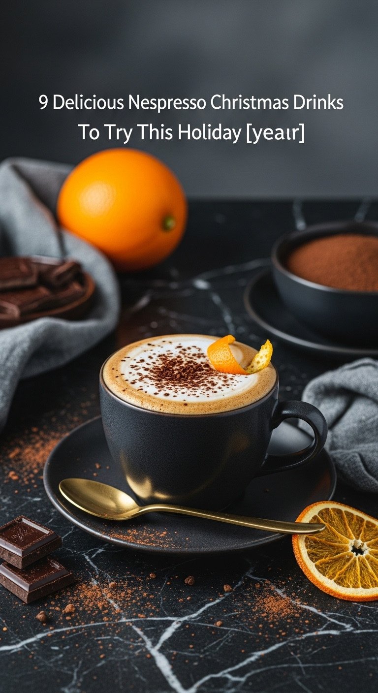 Spiced Orange Mocha in a dark ceramic cup with orange peel twist and cocoa powder on a dark marble surface