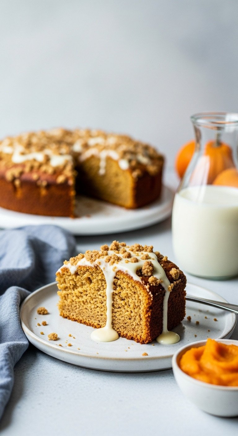 Spiced Pumpkin Coffee Cake slice (egg-free) with crumb topping and vanilla drizzle on a light ceramic plate