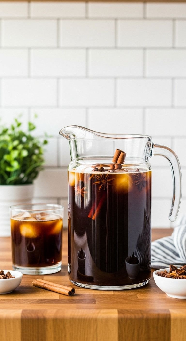 9 Delicious Diabetic Iced Coffee Recipes To Make At Home 13 Spiced Vanilla Cold Brew in glass pitcher, with cinnamon sticks, star anise, and a glass of iced coffee. Home brewing.