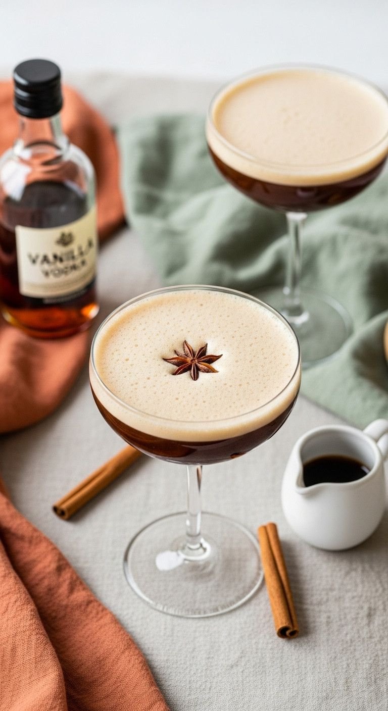 The Perfect Cold Brew Martini Without An Espresso Machine 4 Spiced maple vanilla cold brew martini, rich brown with star anise & foam, in Nick & Nora glass on linen. Autumn cocktail.