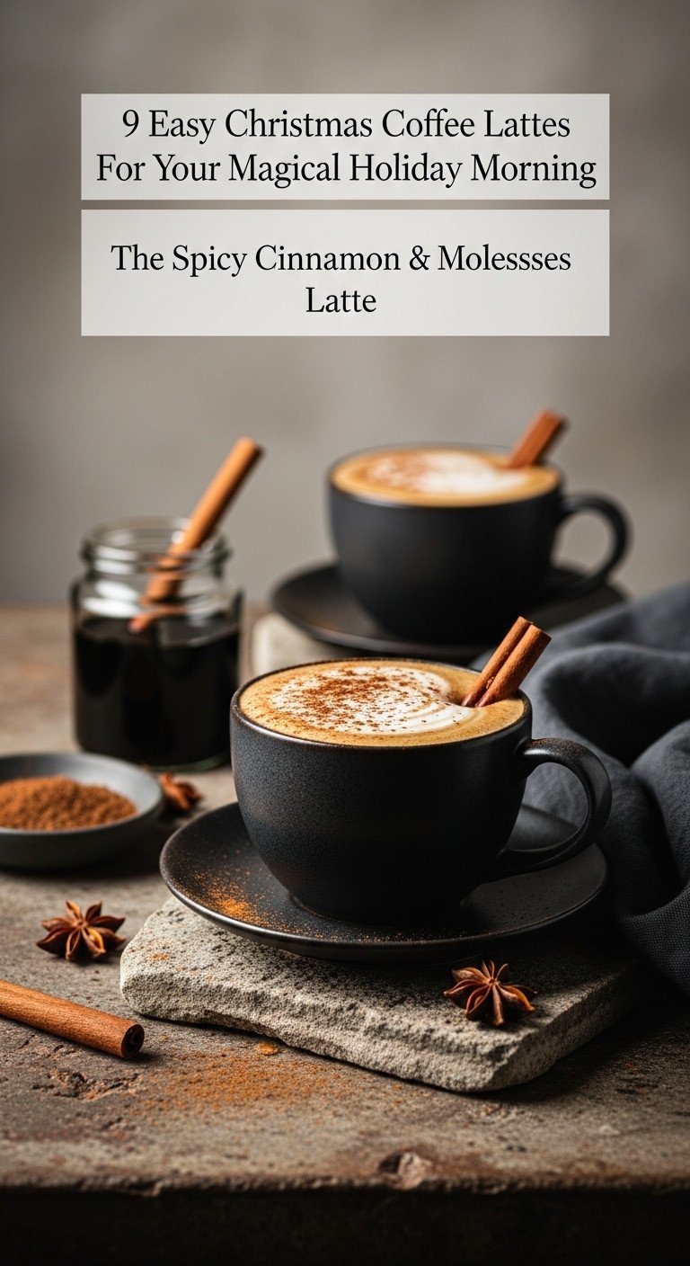 Spicy Cinnamon Molasses Latte in a dark mug with foam and cinnamon stick on a weathered stone surface