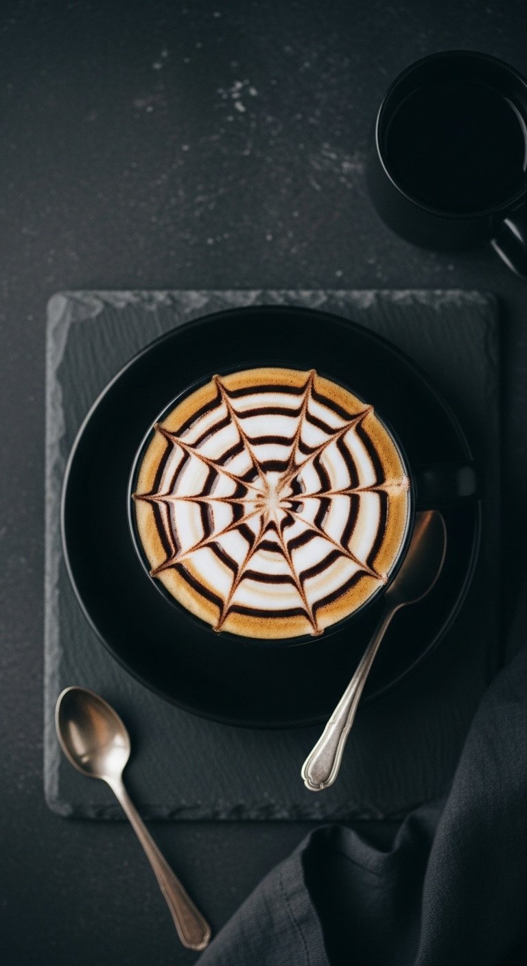 Spiderweb Halloween coffee latte art in black matte mug on dark slate with silver spoon