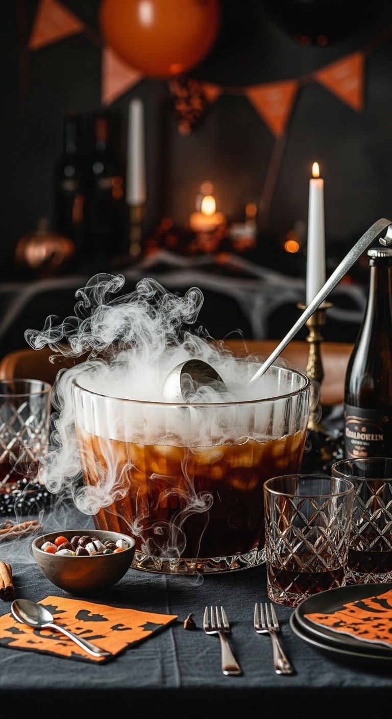 Spiked Halloween Coffee Punch in a glass punch bowl with dry ice smoke a ladle matching glasses and Halloween party decorations