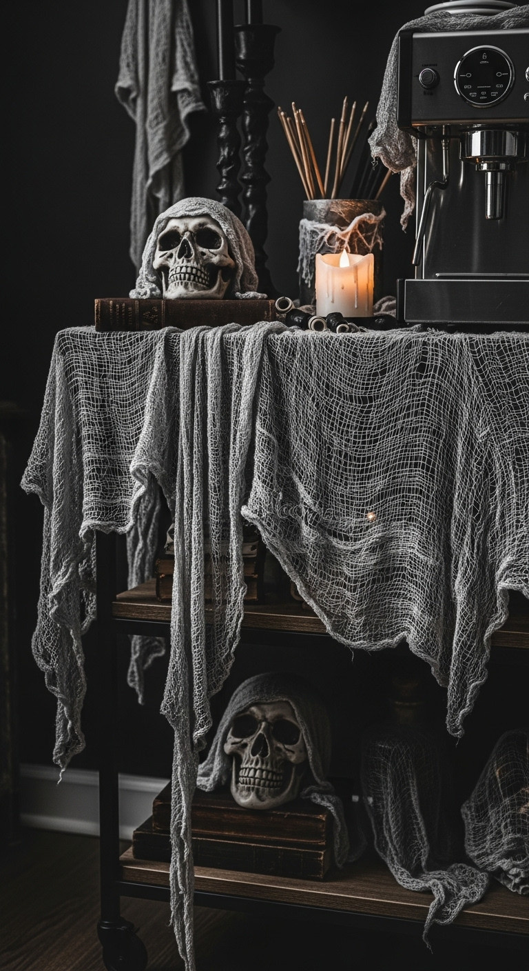 Spooky Halloween coffee bar draped in black cheesecloth gauze with skull old book and flickering LED candle dim moody lighting