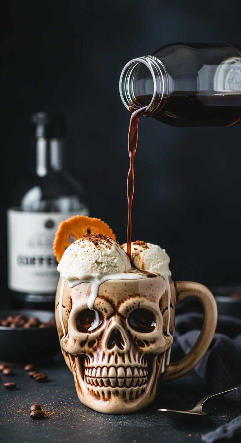 Spooky Spiked Espresso Float in a skull shaped mug with espresso liqueur and vanilla ice cream on a dark stone surface