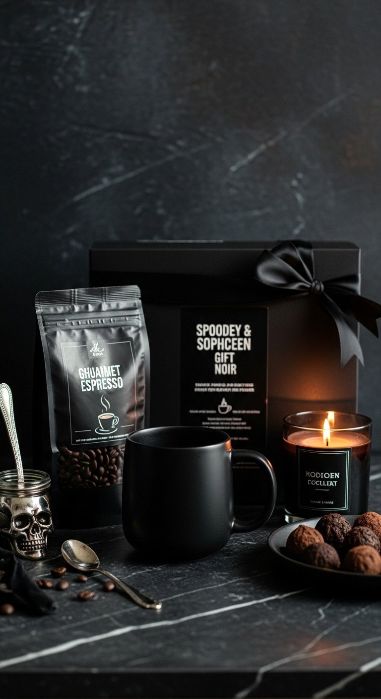 Spooky and Sophisticated Noir Halloween coffee gift basket with black mug, espresso beans, and dark chocolate truffles
