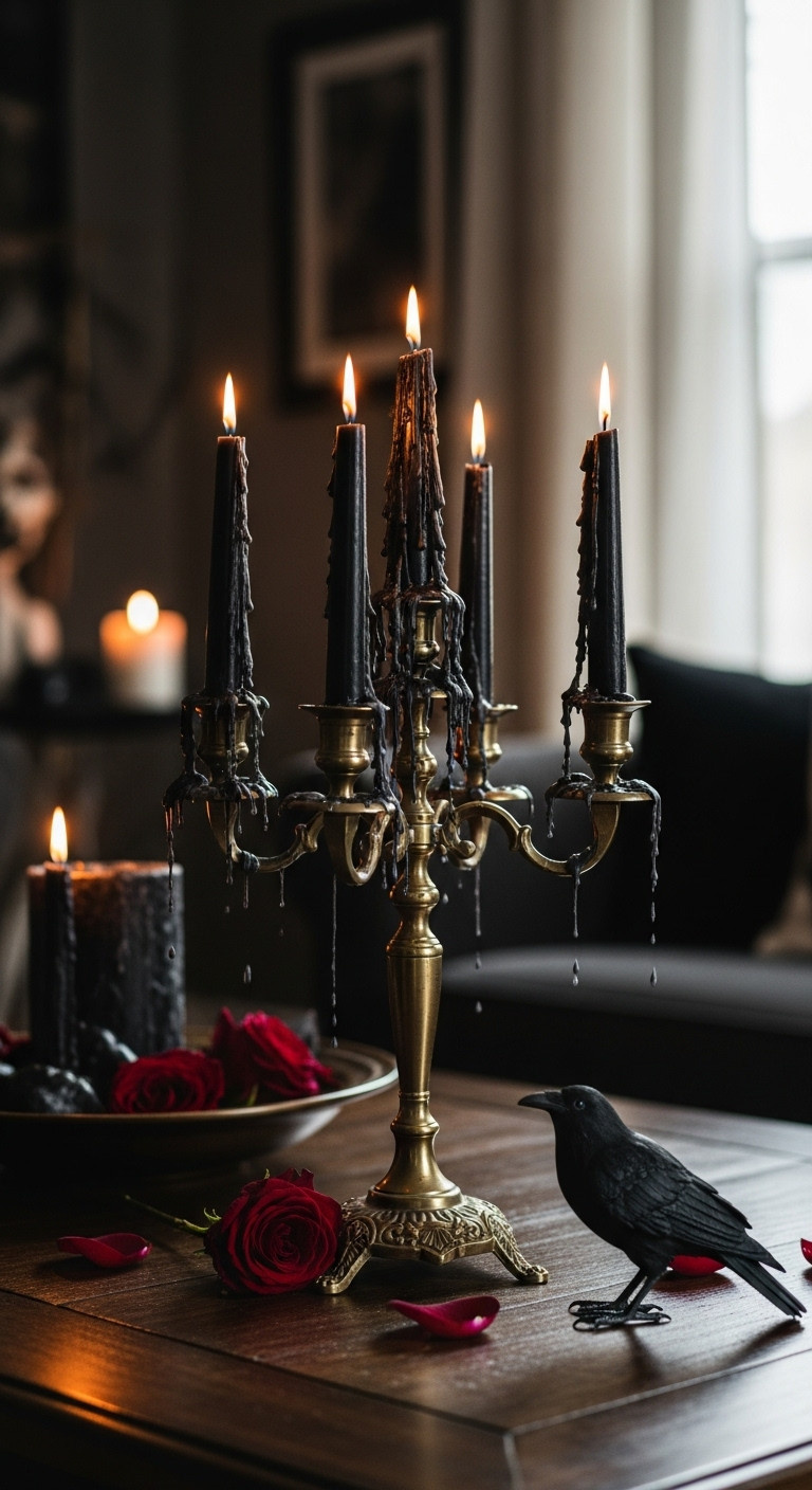 Spooky chic Halloween coffee table with black dripping taper candles in a brass candelabra and a raven figurine