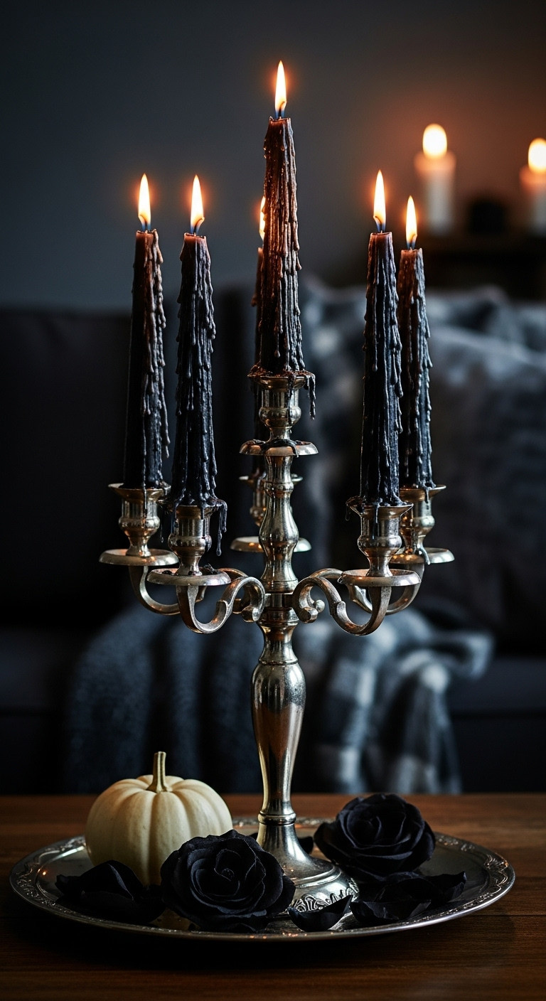 Spooky chic Halloween coffee table with eerie black taper candles in a silver candelabra and a white mini pumpkin
