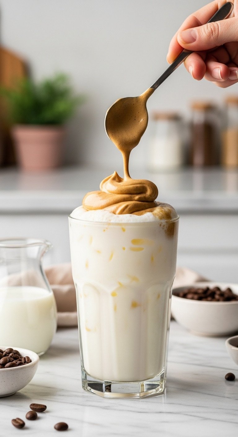 Make Perfectly Frothy Cold Coffee Without A Blender 5 Spoon adding creamy dalgona coffee foam to iced milk in a clear glass. Beautiful layered coffee beverage recipe on marble counter.