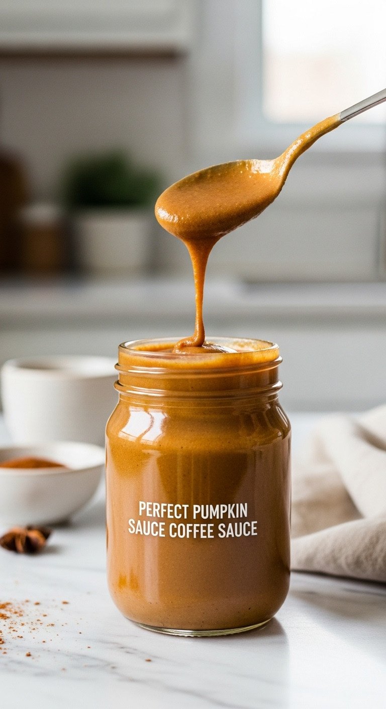 Perfect Pumpkin Coffee Sauce Recipe Easy Customizable 11 Spoon lifting a perfect, glossy stream of pumpkin coffee sauce from a glass jar, demonstrating ideal thickness on a marble counter.
