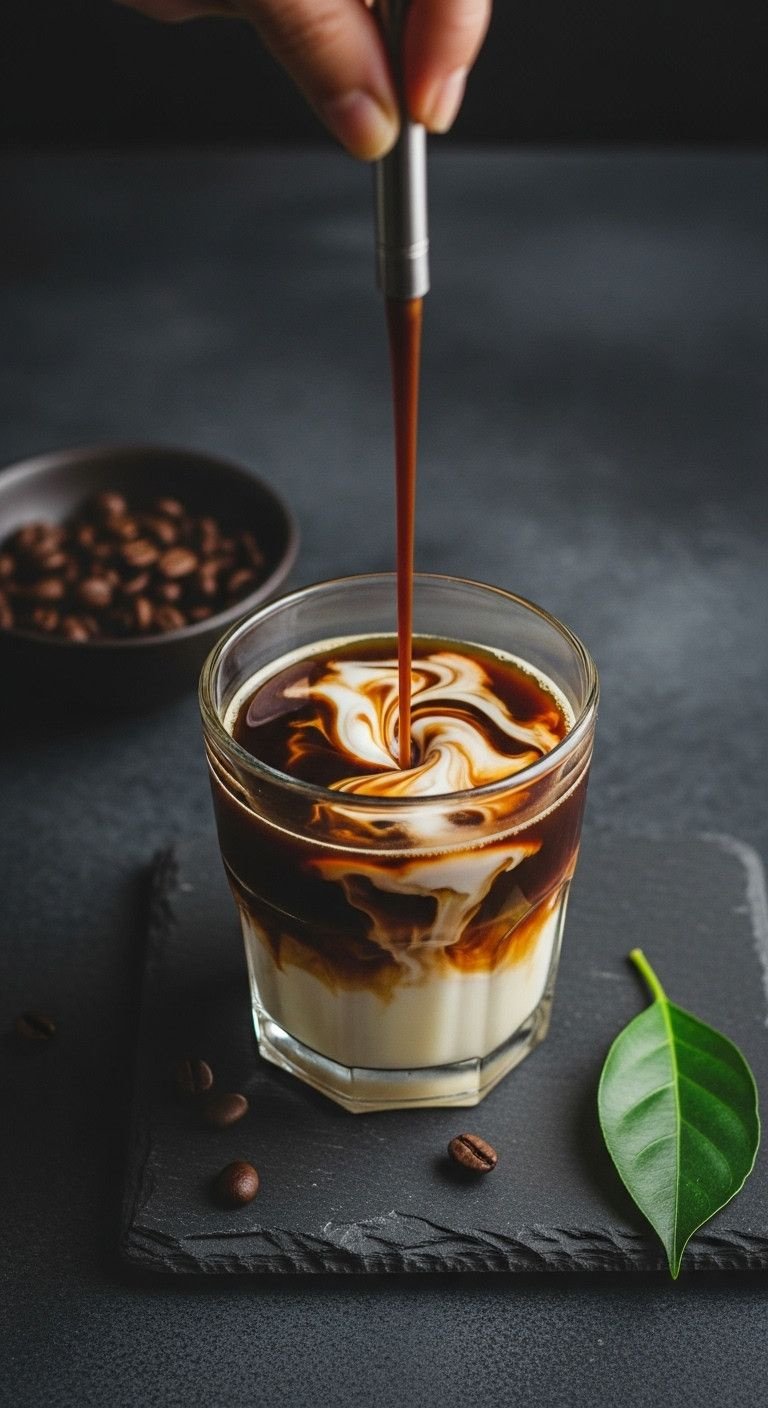 How To Make Perfect Vietnamese Iced Coffee The Authentic Way 11 Spoon stirs dark coffee and condensed milk, creating a creamy caramel swirl in a glass on a dark stone surface. Coffee prep.