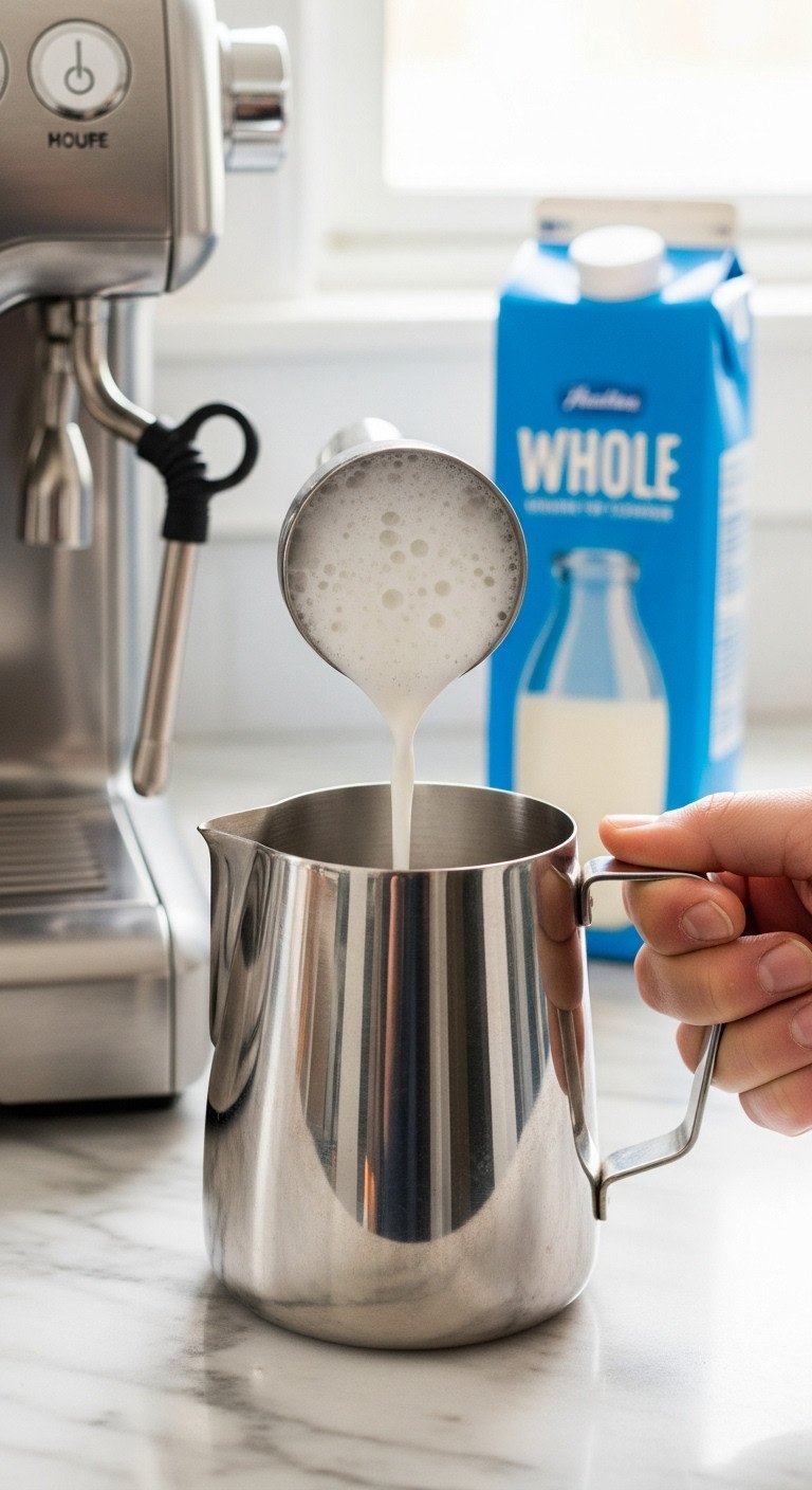 Stainless steel milk frothing pitcher with perfectly steamed microfoam milk, espresso machine steam wand being removed. Home kitchen.