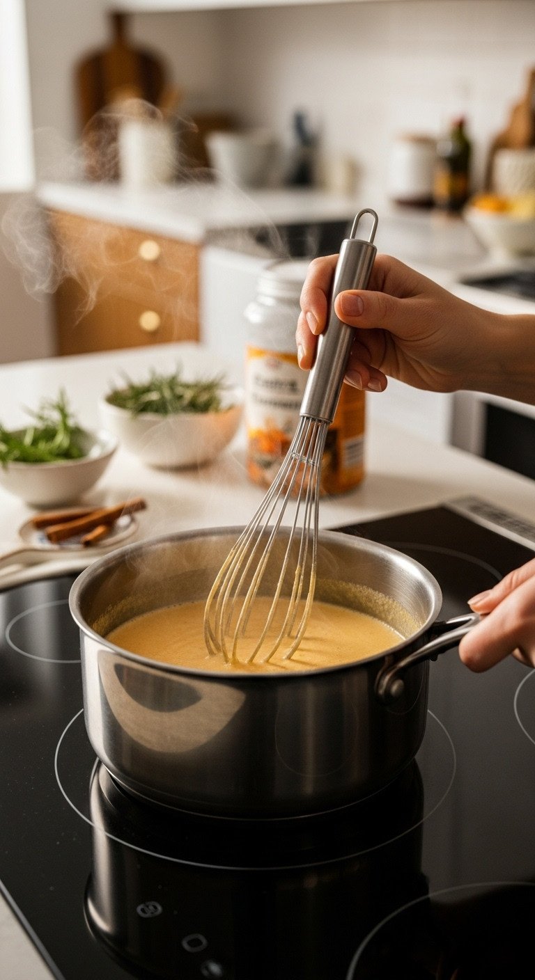Stainless steel whisk stirring pale orange pumpkin creamer in a non-stick saucepan on a black stovetop. Subtle steam rises.
