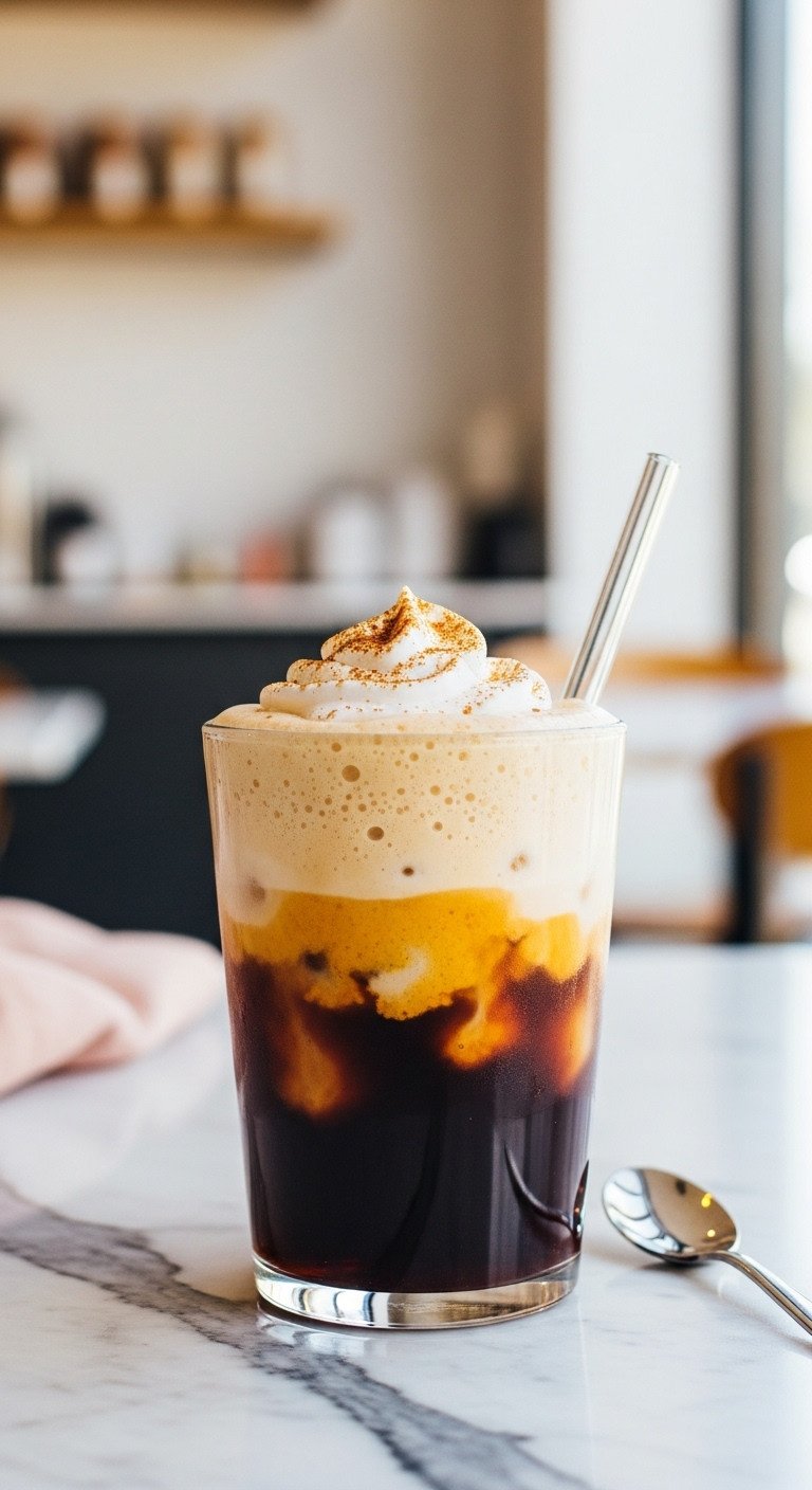 Starbucks Pumpkin Cream Cold Brew in clear glass, showing distinct layers of frothy pumpkin cold foam cascading into dark cold brew.