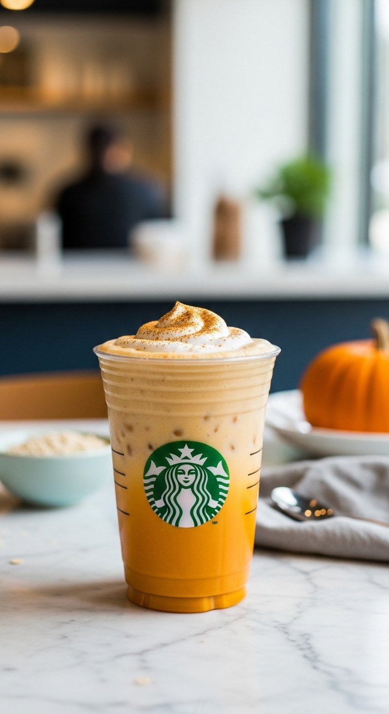 Starbucks Pumpkin Cream Cold Brew with light cold foam, no whipped cream, on a marble countertop, conveying a fresh, healthier fall coffee choice.