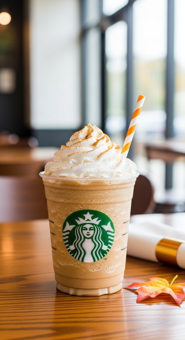 Starbucks Pumpkin Spice Frappuccino with generous whipped cream and pumpkin-pie spice in a clear cup on a wooden table, vibrant fall drink.