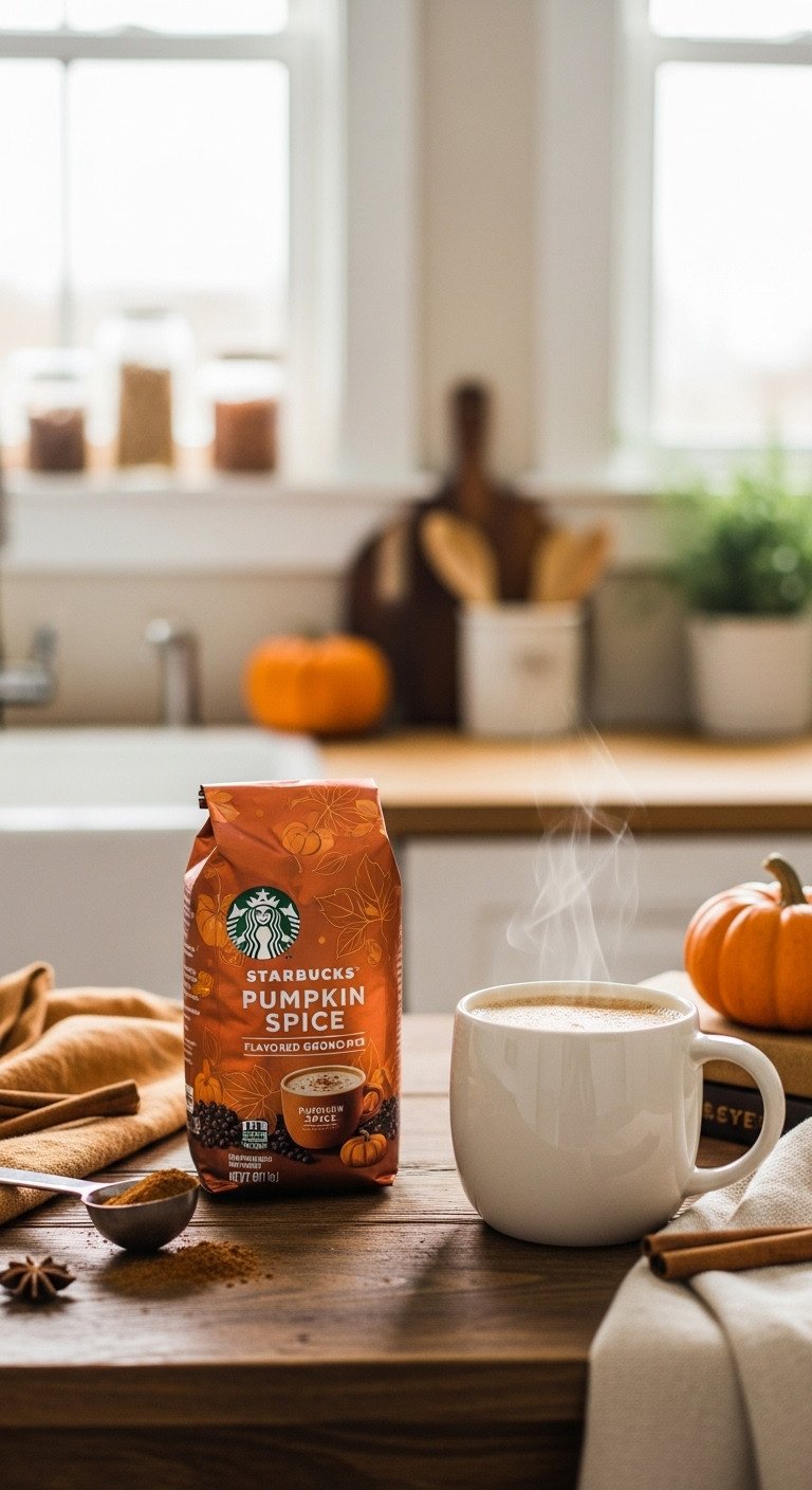 Starbucks Pumpkin Spice Ground Coffee package next to a steaming mug of homemade pumpkin coffee with cinnamon sticks on a wooden table.