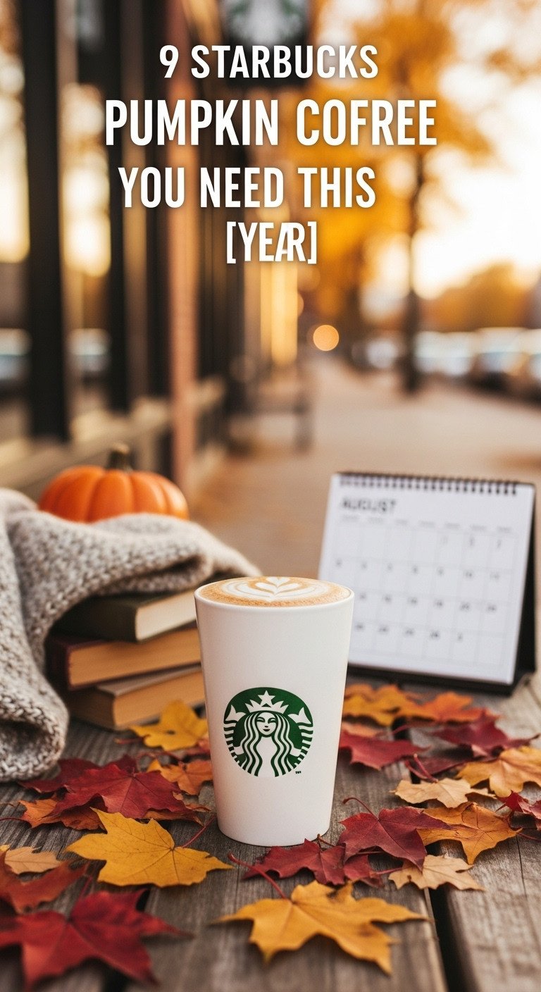 Starbucks Pumpkin Spice Latte cup surrounded by vibrant fall leaves on a rustic outdoor bench, hinting at seasonal autumn coffee.