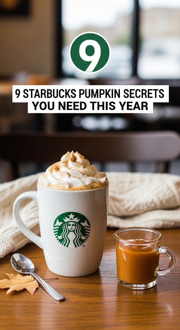 Starbucks Pumpkin Spice Latte with whipped cream, pumpkin spice, and a clear glass of amber pumpkin sauce on a rustic table, cozy coffee shop background.