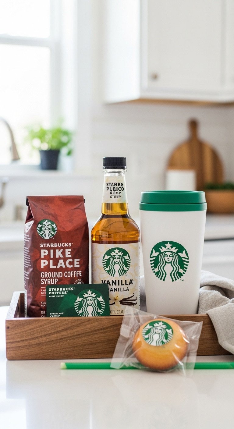 Starbucks at Home fan gift basket with Pike Place roast vanilla syrup and reusable hot cup on a wooden tray